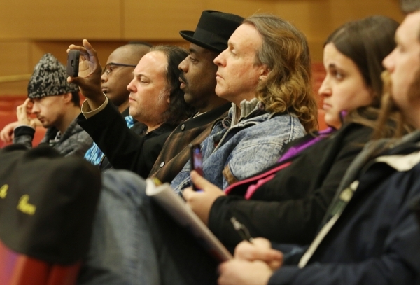 Performers attend a meeting of Fremont Street Experience buskers, or street performers, at City Hall Tuesday, Jan. 12, 2016, in Las Vegas. City Attorney Brad Jerbic led a forum that allowed perfor ...