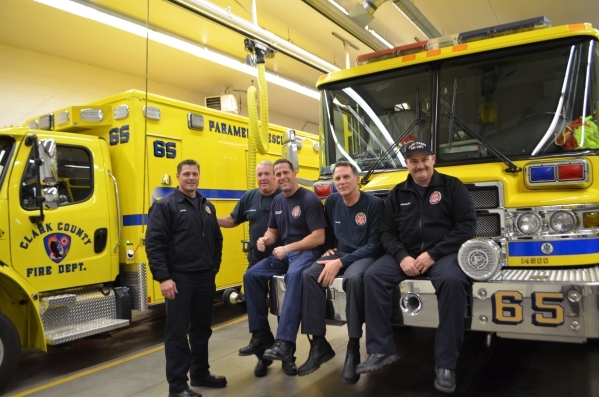 The crew at Clark County Fire Department Station 65, from left, Capt. Tony Tanara, Rick Szczepanek, Anthony Spilotro, Mike Johnson and Aaron Smith gather after dinner Jan. 8. Ginger Meurer/Special ...
