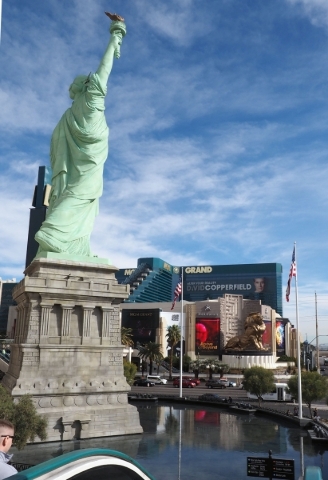The replica of the Statue of Liberty at New York-New York hotel-casino is seen with the MGM Grand in the background on the Las Vegas Strip, Thursday, Jan. 14, 2016. New York-New York is owned by M ...