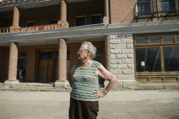 Virginia Ridgway stands outside the Goldfield Hotel on Sept. 11, 2009. When Ridgeay moved to Goldfield more than 30 years ago, the Goldfield Hotel‘s first floor was open to the public. Today ...