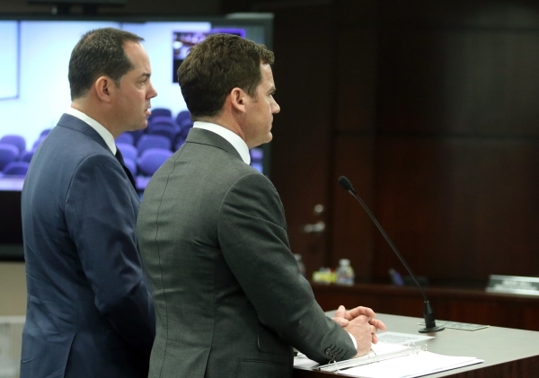 Station Casinos‘ Marc Falcone, left, chief financial officer, and Richard Haskins, president, go before the Gaming Control Board at Grant Sawyer building Thursday, Jan. 21, 2016, in Las Vega ...