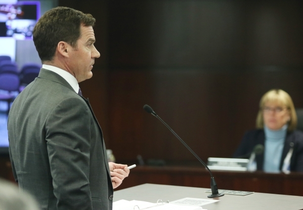 Station Casinos president Richard Haskins speaks to the Gaming Control Board during a hearing at Grant Sawyer building Thursday, Jan. 21, 2016, in Las Vegas. The board signed off on Station Casino ...
