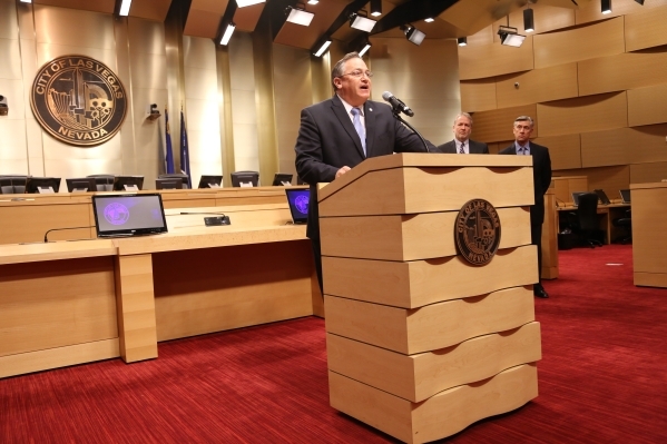 Mayor Pro Tem Steven D. Ross announces that he is sponsoring a city ordinance that will create Special Improvement districts for solar panels in Las Vegas at the City Council Chambers Tuesday, Jan ...