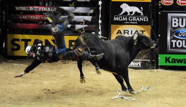 PBR bull rider Stetson Lawrence is bucked from his bull during the first go-round of the PBR World Finals at the Thomas & Mack Center in Las Vegas Wednesday Oct. 21, 2015. Josh Holmberg/Las Ve ...
