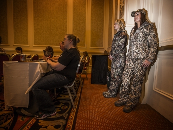 Callie Wolverton, right, and Anushka Kapp model clothing at the Girls With Guns press conference during the Shot Show at the Sands Expo on Wednesday, Jan. 20, 2016. Jeff Scheid/Las Vegas Review-Jo ...