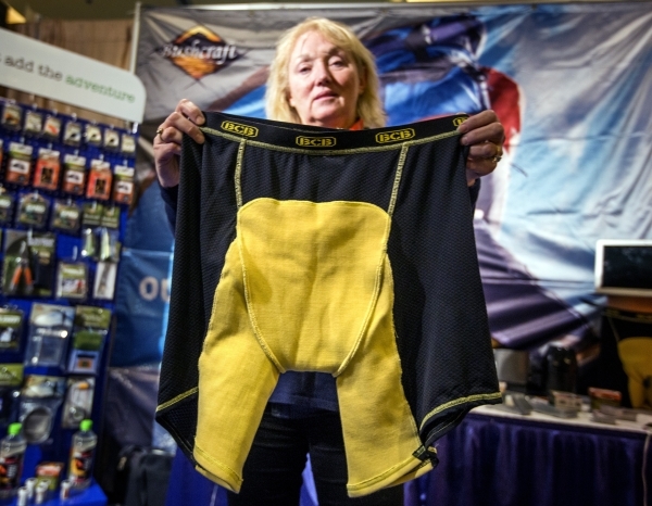 Janey Howell with BCB International holds a pair of Blast Boxer briefs during the Shot Show at the Sands Expo on Wednesday, Jan. 20, 2016. The underwear protects against most fragments during blas ...