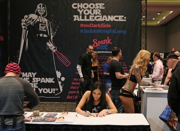 The SpankWire booth is shown at the AVN Adult Entertainment Expo 2016 at Hard Rock hotel-casino Friday, Jan. 22, 2016, in Las Vegas. The four-day expo featured adult entertainers, merchandise, and ...