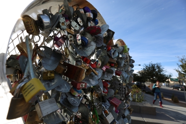 Locks hang on one side of the Love Locket sculpture in downtown Las Vegas on Friday, Jan. 22, 2016. According to Downtown Project spokeswoman Maria Phelan, security  footage shows a couple of peop ...