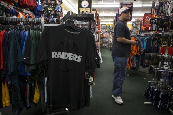 A Oakland Raiders shirt is seen inside the Uniform Sports shop at the Las  Vegas South Premium Outlets on Thursday, Jan. 28, 2016, in Las Vegas. Erik  Verduzco/Las Vegas Review-Journal Follow @Erik_ …