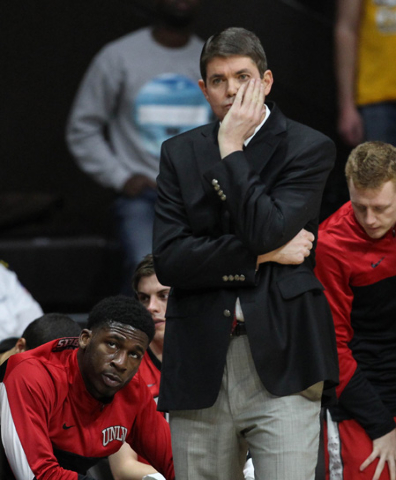 UNLV Runnin‘ Rebels head coach Dave Rice reacts against the Wyoming Cowboys during the first half at Arena-Auditorium. The Cowboys defeated the Runnin‘ Rebels 76-71. Mandatory Credit:  ...