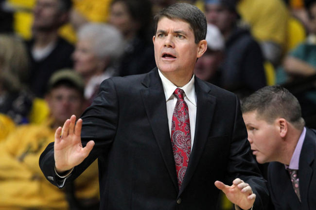 UNLV Runnin‘ Rebels head coach Dave Rice reacts against the Wyoming Cowboys during the first half at Arena-Auditorium. The Cowboys defeated the Runnin‘ Rebels 76-71. Mandatory Credit:  ...