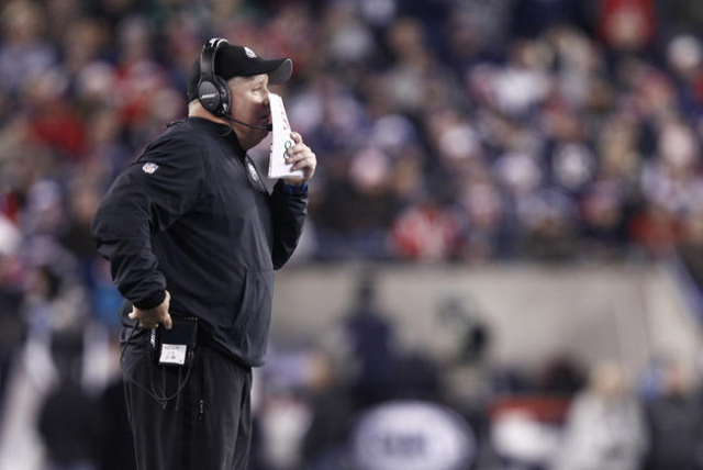 Dec 6, 2015; Foxborough, MA, USA; Philadelphia Eagles head coach Chip Kelly looks on from the sidelines against the New England Patriots during the second half at Gillette Stadium. (Mark L. Baer/U ...