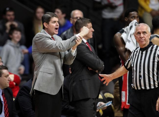UNLV Runnin‘ Rebels head coach Dave Rice reacts against the Wyoming Cowboys during the second half at Arena-Auditorium. The Cowboys beat the Runnin‘ Rebels 59-57. Mandatory Credit: Tro ...