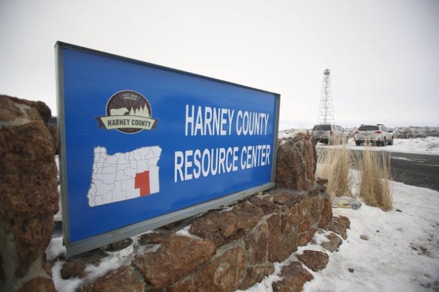 A new sign reading Harney County Resource Center at the headquarters of the Malheur National Wildlife Refuge near Burns, Oregon, January 9, 2016. REUTERS/Jim Urquhart