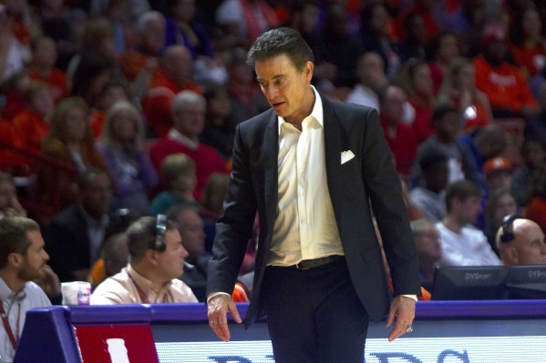 Jan 10, 2016; Clemson, SC, USA; Louisville Cardinals head coach Rick Pitino reacts during the second half against the Clemson Tigers at Bon Secours Wellness Arena. Tigers won 66-62. Mandatory Cred ...