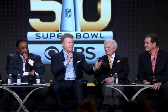 James Brown, left, host of The Super Bowl Sunday, Phil Simms, analyst for Super Bowl 50 on CBS Sports, Jack Whitaker, play-by-play announcer for Super Bowl 1, and Jim Nantz, play-by-play announcer ...