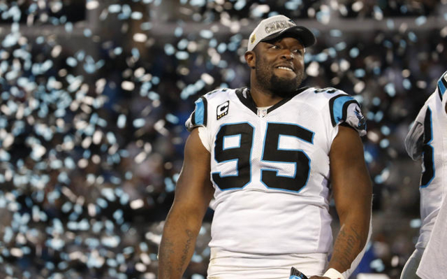 Carolina Panthers defensive end Charles Johnson (95) watches