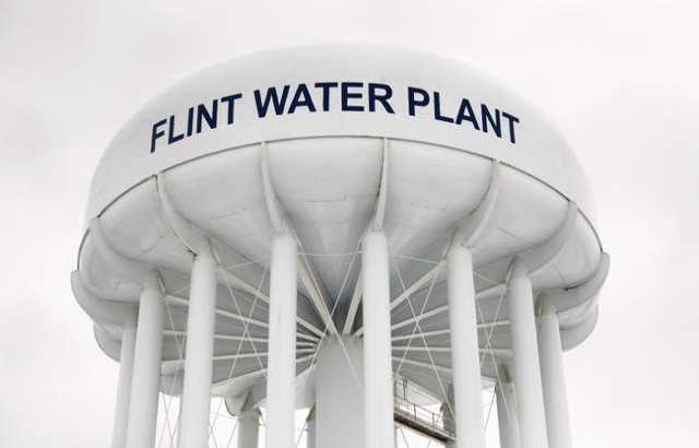 The top of a water tower is seen at the Flint Water Plant in Flint, Michigan in this file photo from January 13, 2016. (Rebecca Cook/Reuters)
