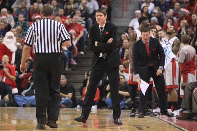 UNLV head coach Dave Rice questions the call of official David Hall during their game Tuesday, Dec. 23, 2014 at the Thomas & Mack Center. (Sam Morris/Las Vegas Review-Journal)