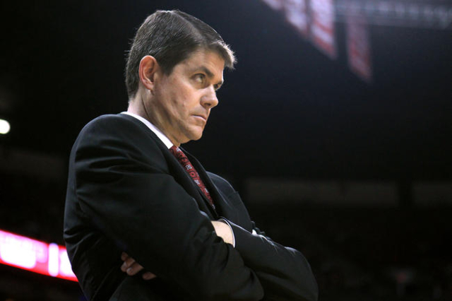 UNLV head coach Dave Rice reacts after an Rebel offensive turnover during the second half of their game against Portland Wednesday, Dec. 17, 2014 at the Thomas & Mack Center. UNLV won 75-73 in ...