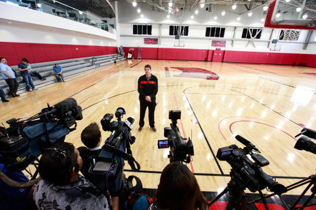 UNLV Runnin‘ Rebels coach Dave Rice speaks with news media about former UNLV coach Jerry Tarkanian following his passing at age 84 in the morning at Valley Hospital, inside Mendenhall Center ...