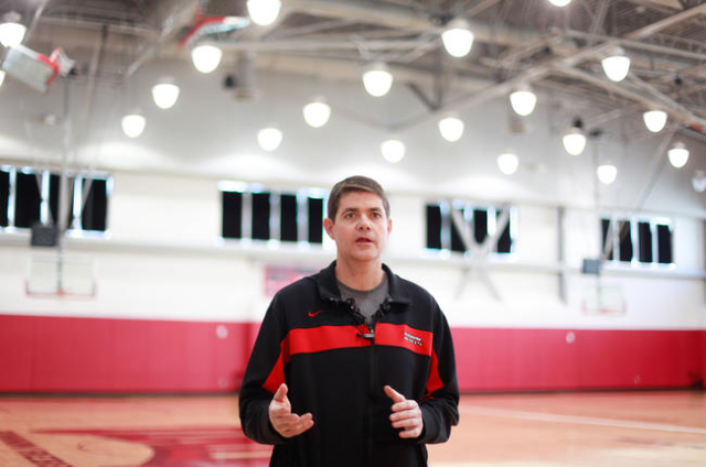 UNLV Runnin‘ Rebels coach Dave Rice speaks with news media about former UNLV coach Jerry Tarkanian following his passing at age 84 in the morning at Valley Hospital, inside Mendenhall Center ...