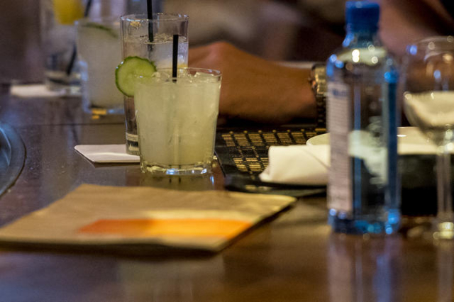 A cocktail rests on the bar inside Tommy Bahama at Town Square in Las Vegas on Saturday, June 6, 2015. (Joshua Dahl/Las Vegas Review-Journal)