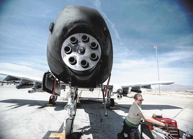 A Gatling gun on an A-10 Thunderbolt at Nellis Air Force Base as seen Friday, March 28, 2014. (Jeff Scheid/Las Vegas Review-Journal)