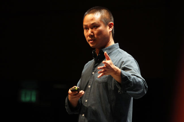 Zappos CEO Tony Hsieh addresses his employees during their quarterly "All Hands Meeting" Wednesday, Feb. 11, 2015 at the Cashman Center. (Sam Morris/Las Vegas Review-Journal)