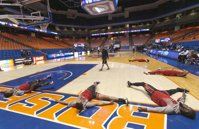 UNLV basketball players stretch during warm ups before the game against the Boise State Broncos at Taco Bell Arena in Boise, Idaho. Tuesday February 23, 2016. (Kyle Green/Las Vegas Review-Journal)