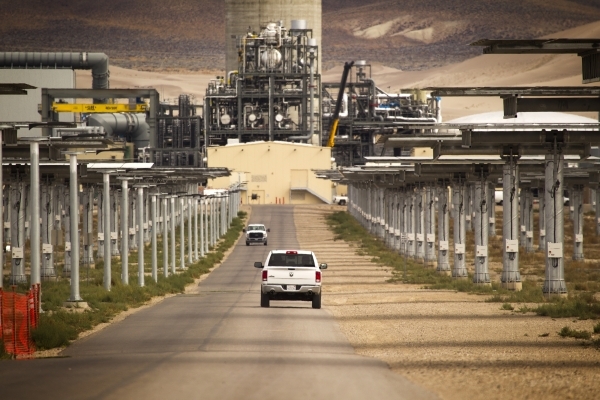 A heliostats lined road leads up to the at the Crescent Dunes Solar Project, located 11 miles northwest of Tonopah. The molten salt 110 MW facility has over 10,000 tracking mirrors. Jeff Scheid/La ...