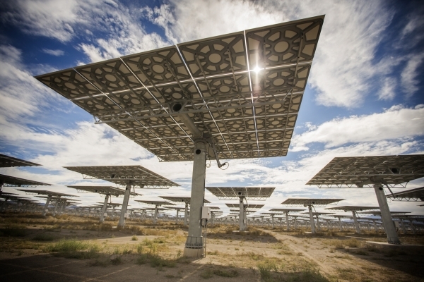 Heliostats is seen Thursday, Oct. 15, 2015 at the Crescent Dunes Solar Project, located 11 miles northwest of Tonopah. The molten salt 110 MW facility has over 10,000 tracking mirrors. Jeff Scheid ...