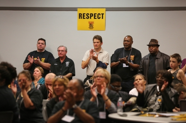 Supporters listen to Larry Griffith, the Secretary-Treasurer of Teamsters Local 14, speak at the Cashman Center after a vote that ousted the ESEA in favor of Teamsters Local 14 as the labor union  ...