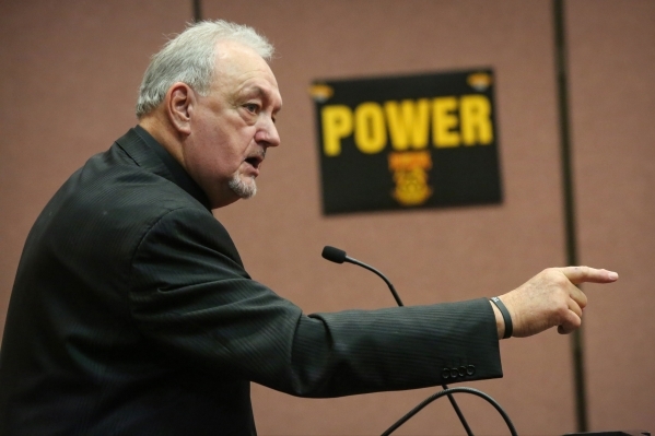 Larry Griffith, the Secretary-Treasurer of Teamsters Local 14, speaks to supporters at the Cashman Center after a vote that ousted the ESEA in favor of Teamsters Local 14 as the labor union repres ...