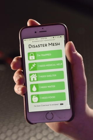 The home screen for Disaster Mesh is shown at 6795 S. Edmond St. in Las Vegas on Thursday, Jan. 14, 2016. The company, which was co-founded by local high school senior Katelyn Dunn, was awarded $2 ...