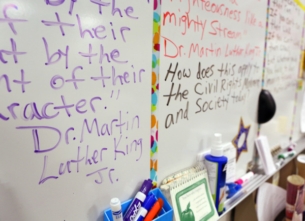Student questions are posted in social studies teacher Luanne Wagner‘s class at Clark High School Friday, Jan. 15, 2016, in Las Vegas. Ronda Churchill/Las Vegas Review-Journal