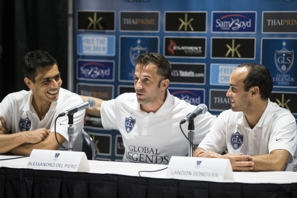 Former professional soccer players from left, Oswaldo Sanchez, Alessandro Del Piero, and Landon Donovan, Thursday, participate during a Global Legends Series press conference on Jan. 21, 2016, in ...