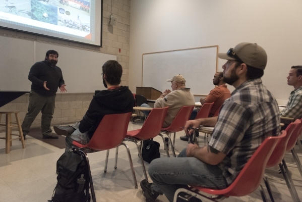 Professor Jonathan Daniels, left, lectures during his Unmanned Aerial Systems Design and Applications course at UNLV‘s Thomas T. Beam Engineering Complex in Las Vegas Friday, Jan. 22, 2016.  ...