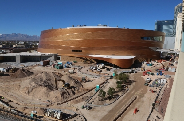 Construction continues at T-Mobile Arena near the Monte Carlo on the Strip on Tuesday, Jan. 26, 2016. The 20,000-seat, $375 million arena, being built by MGM Resorts International and Anschutz Ent ...