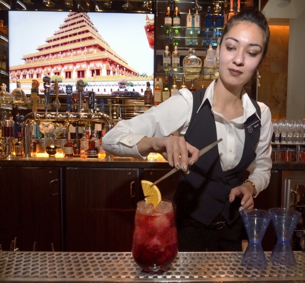 Nicole Kohri mixes a winter sangria at Alder and Birch in the Orleans hotel-casino at 4500 W. Tropicana Ave. in Las Vegas on Monday, Feb. 1, 2016. Bill Hughes/Las Vegas Review-Journal