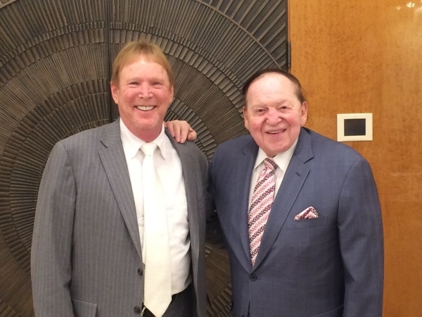 Oakland Raiders owner Mark Davis, left, is seen with Las Vegas Sands Chairman and CEO Sheldon Adelson in this photo from the Las Vegas Sands Twitter page Friday, Jan. 29, 2016. "@LasVegasSand ...