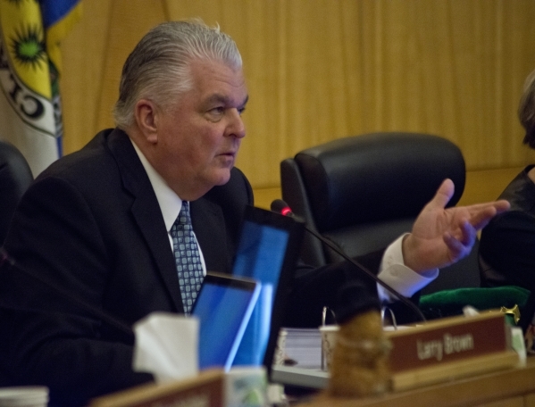 Chairman Steve Sisolak speaks during a discussion about the future of Cashman Field during the meeting of the Clark County Commission inside the Clark County Government Center in Las Vegas on Tues ...