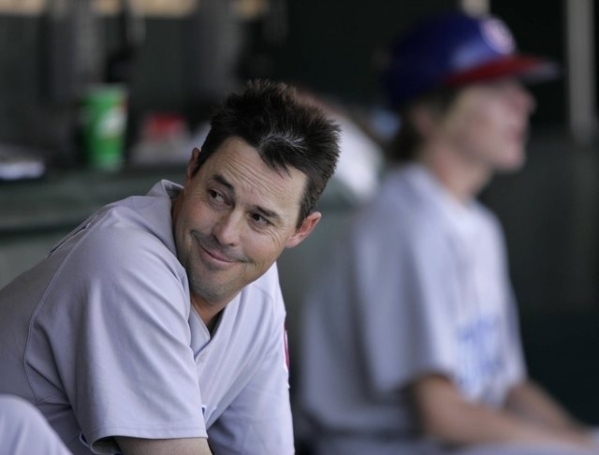 Greg Maddux of the Chicago Cubs smiles while sitting in the dugout during his 300th won game Saturday, Aug. 7, 2004 in San Francisco. (John Locher/Las Vegas Review-Journal)