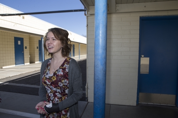 Cristina Manns, a former student and now kindergarten teacher at Lomie Heard Elementary School, is interviewed at Lomie Heard Elementary School inside Nellis Air Force Base is seen on Tuesday, Feb ...