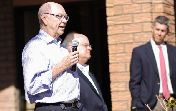 Publisher Craig Moon, left, introduces Keith Moyer, center, as the new publisher of the Las Vegas Review-Journal as interim editor Glenn Cook, right, watches on Friday, Feb. 5, 2016 in Las Vegas. ...