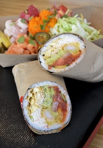 The Twin Dragon, comprised of a sushi burrito and a 3 Amigo Nacho with house-made taro chips, is shown at Soho SushiBurrito at 2600 W. Sahara Ave. in Las Vegas on Saturday, Feb. 6, 2016. Bill Hugh ...