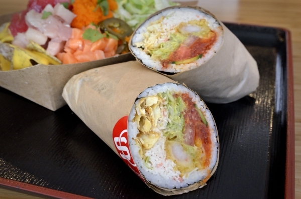 The Twin Dragon, comprised of a sushi burrito and a 3 Amigo Nacho with house-made taro chips, is shown at Soho SushiBurrito at 2600 W. Sahara Ave. in Las Vegas on Saturday, Feb. 6, 2016. Bill Hugh ...
