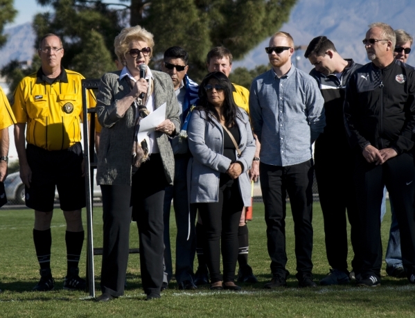 Las Vegas Mayor Carolyn G. Goodman speaks during opening ceremonies for the Las Vegas MayorþÃôs Cup International Showcase at the Bettye Wilson Soccer Complex in Las Vegas on Saturday, Fe ...