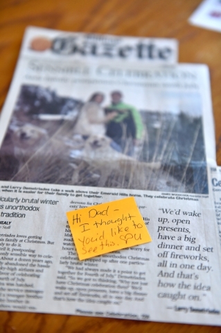 A newspaper article is displayed in the Henderson home of Oliver Phillips Tuesday, Feb. 9, 2016. Phillips, 85, died in January from injuries from a beating in his home by a paid escort. David Beck ...