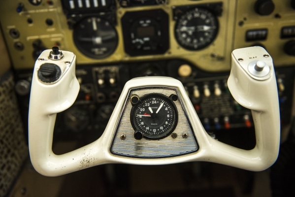 The wheel inside the cockpit of Quick Jet Charter Founder/CEO George Moore III‘s King Air 90 twin engine turbo prop plane is seen at the North Las Vegas Airport on Monday, Feb. 15, 2016. Mar ...